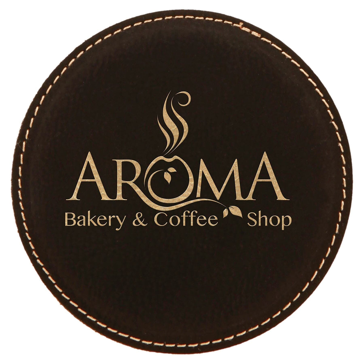 4" Laserable Leatherette Drink Coaster, Signature Cutouts Round Black/Gold 