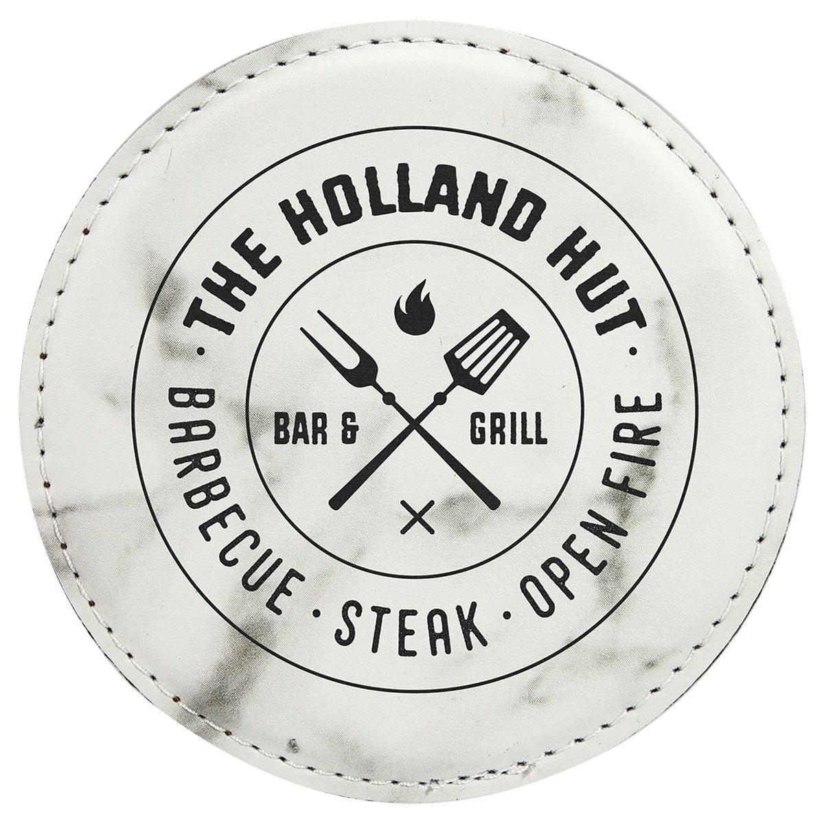 4" Laserable Leatherette Drink Coaster, Signature Cutouts Round White Marble 