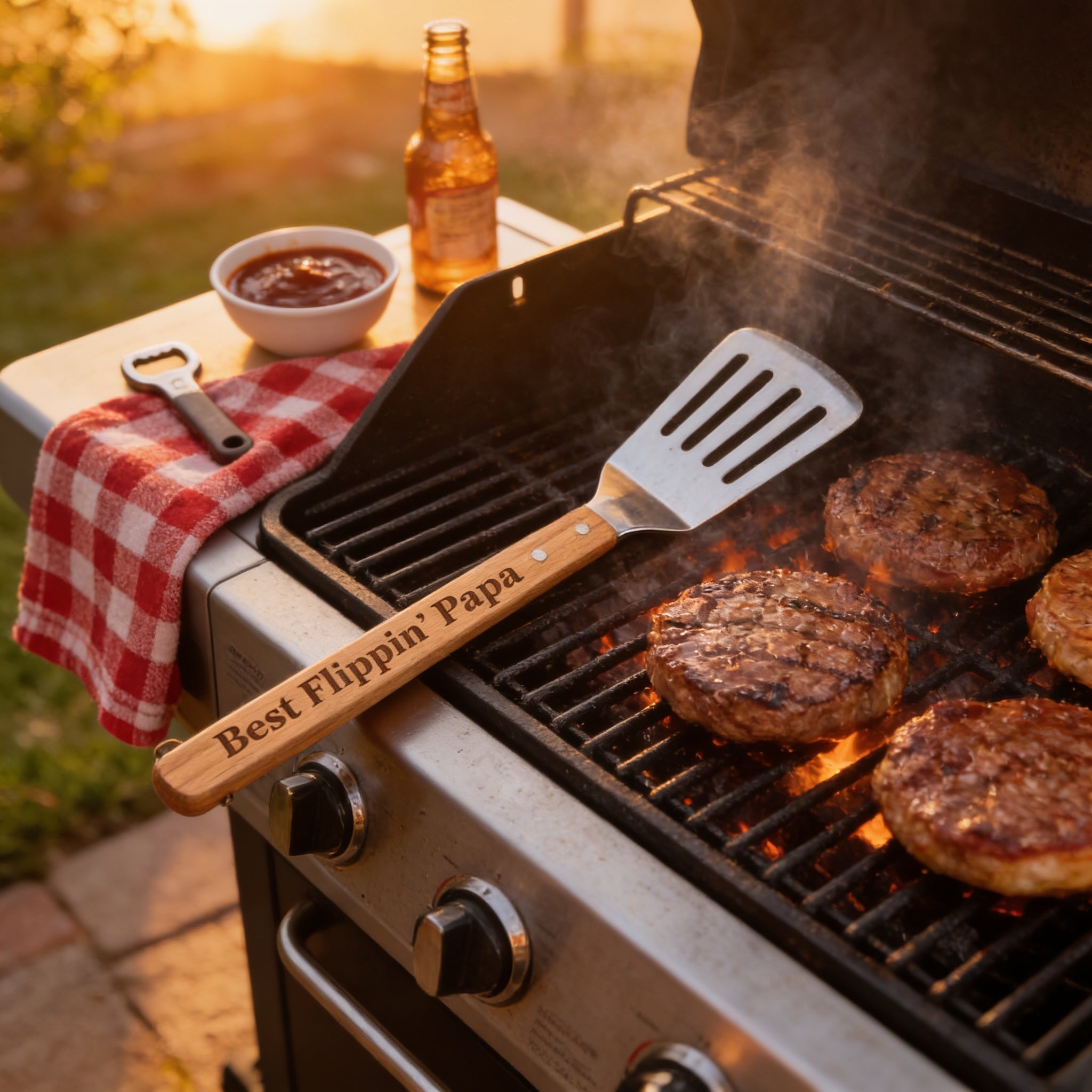a barbecue grill with several burgers being cooked on it. A wooden spatula with the text "Best Flippin' Papa" is resting on the grill, and a bottle of beer is nearby. The scene appears to be set outdoors, with a red and white checkered cloth and a bowl of condiments on the table.