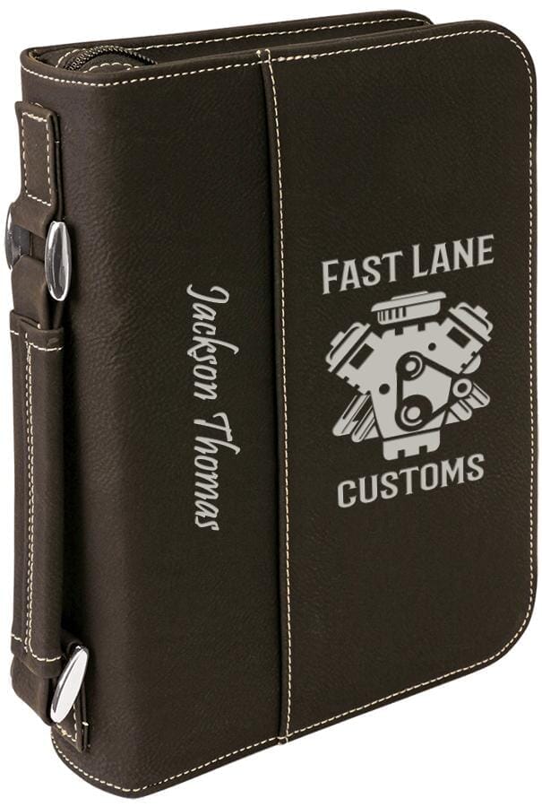 Book Case w/Handle & Zipper, 6-3/4" x 9-1/4" Laserable Leatherette, Laser Engraved Signature Cutouts Black/Silver 