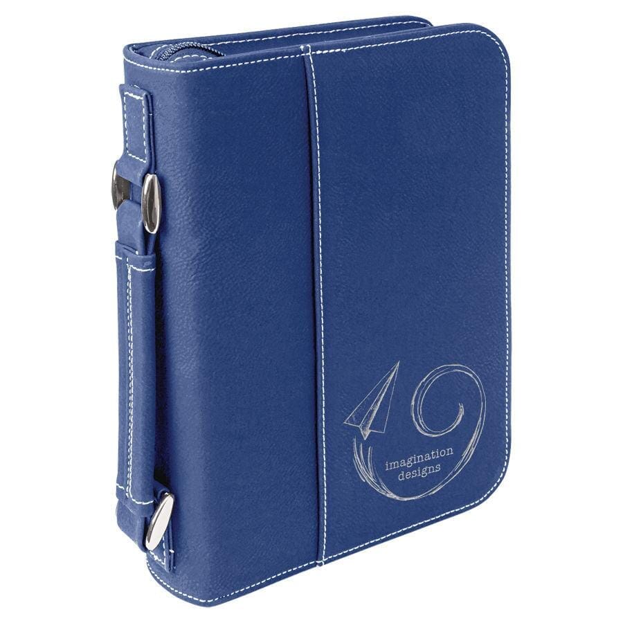 Book Case w/Handle & Zipper, 6-3/4" x 9-1/4" Laserable Leatherette, Laser Engraved Signature Cutouts Blue/Silver 
