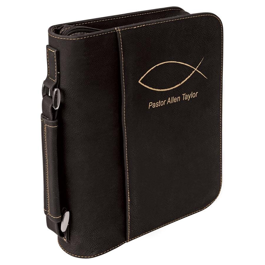 Book Case w/Handle & Zipper, 7-1/2" x 10-3/4" Laserable Leatherette, Laser Engraved Signature Cutouts Black/Gold 