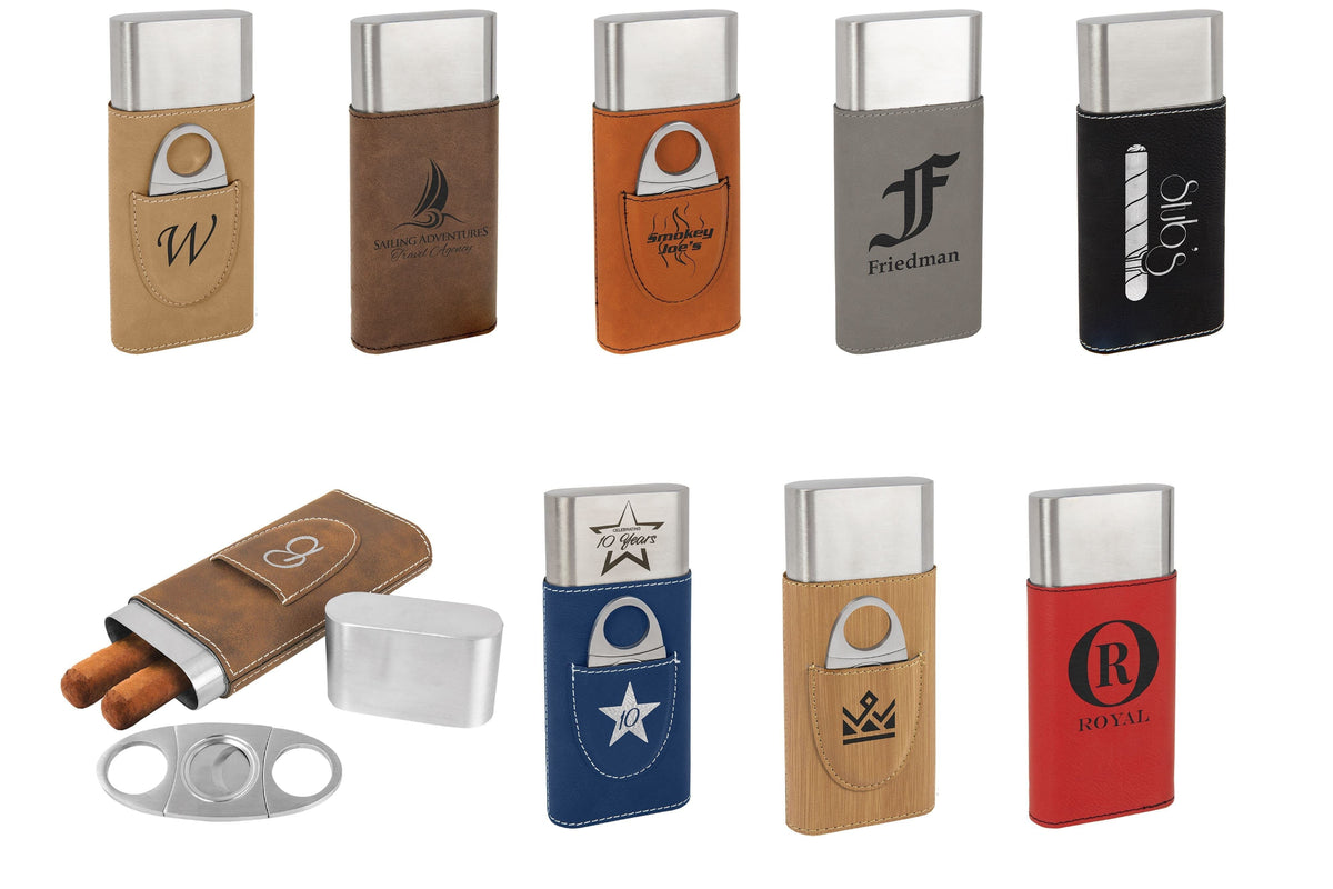 Cigar Case w/Cutter, Laserable Leatherette, Laser Engraved Signature Cutouts 