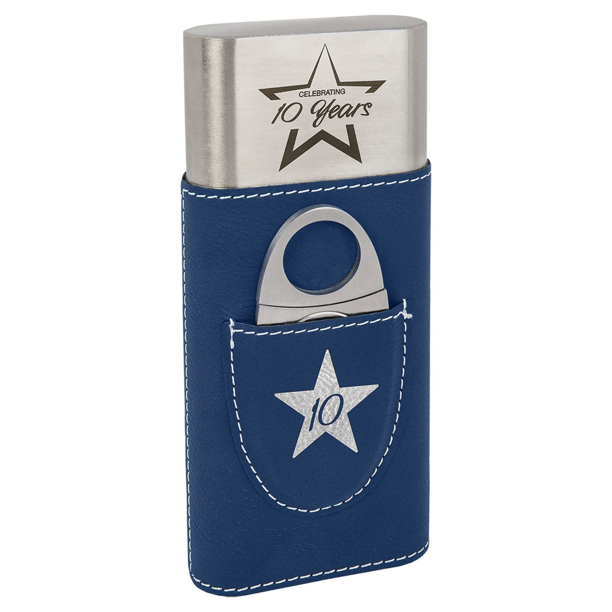Cigar Case w/Cutter, Laserable Leatherette, Laser Engraved Signature Cutouts Blue/Silver 