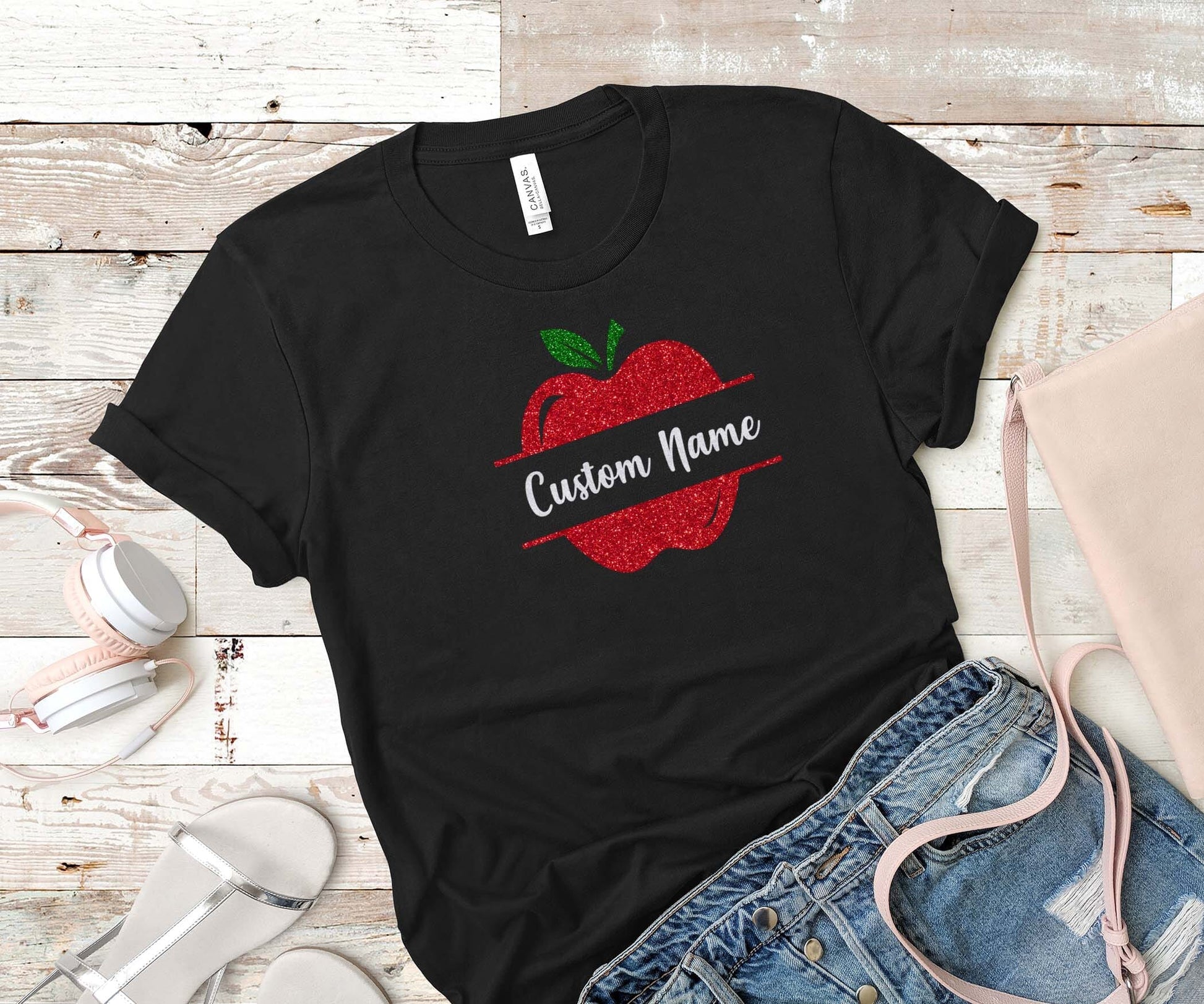 Custom Name Real Glitter Apple Teacher Design T-Shirt Signature Custom Works Black X-Small 