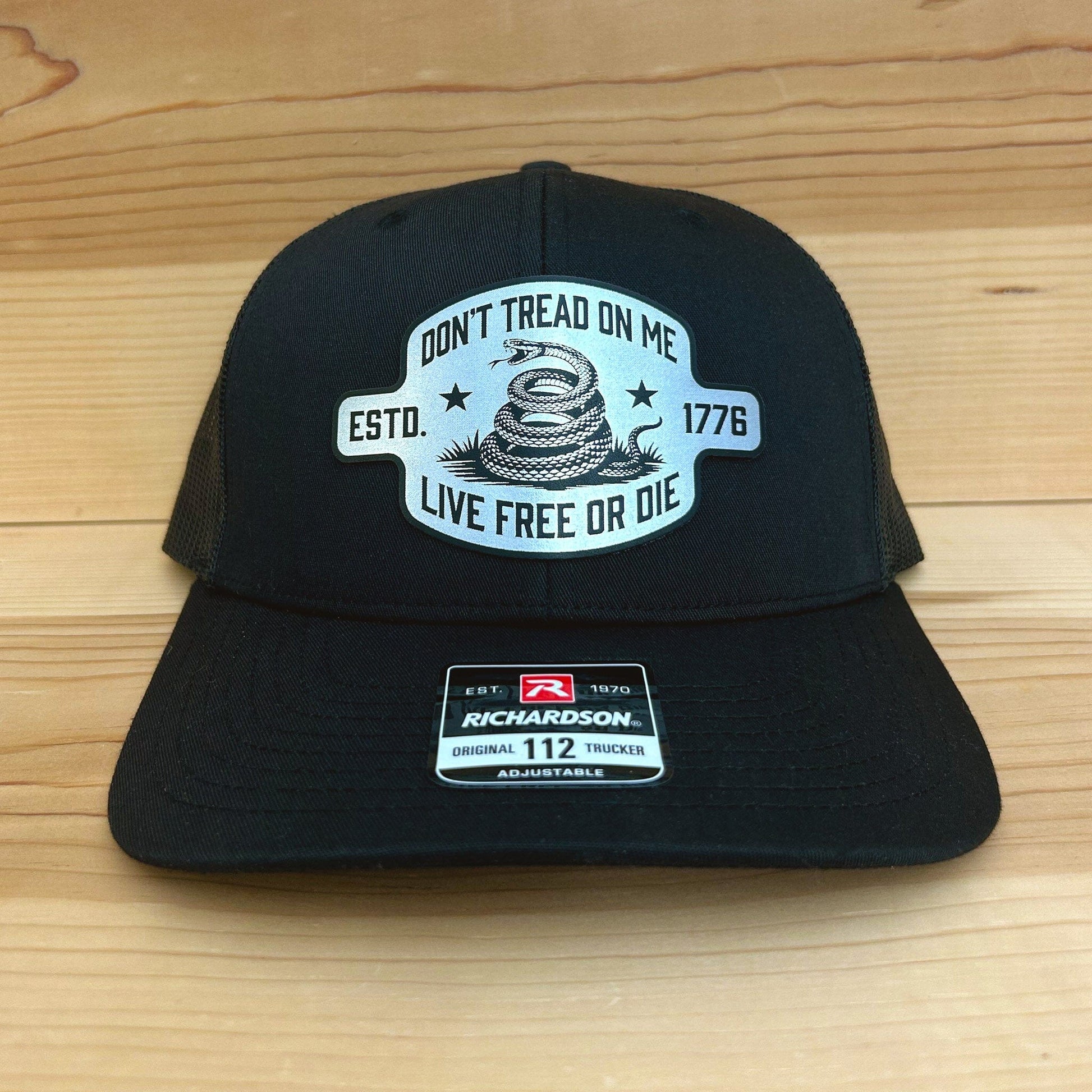 Don’t Tread On Me, Live Free or Die Hat Headwear Signature Custom Works Black Hat with Black/Silver Patch 