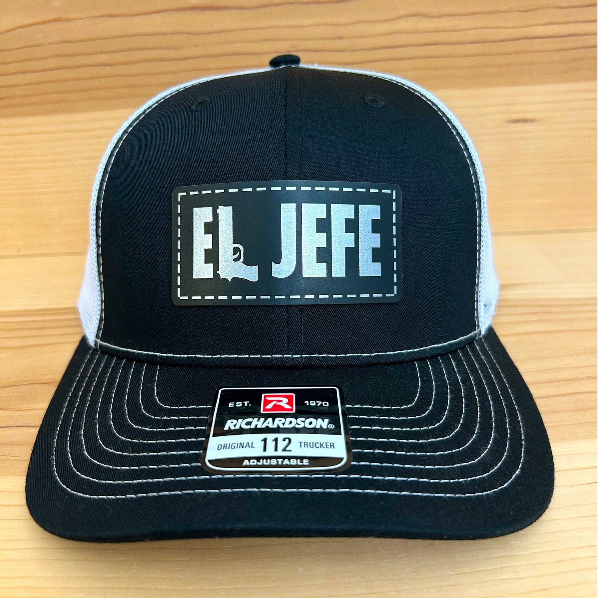 El Jefe (THE BOSS) Leather Patch Hat Headwear Signature Custom Works Black/White Hat with Black/Silver Patch 