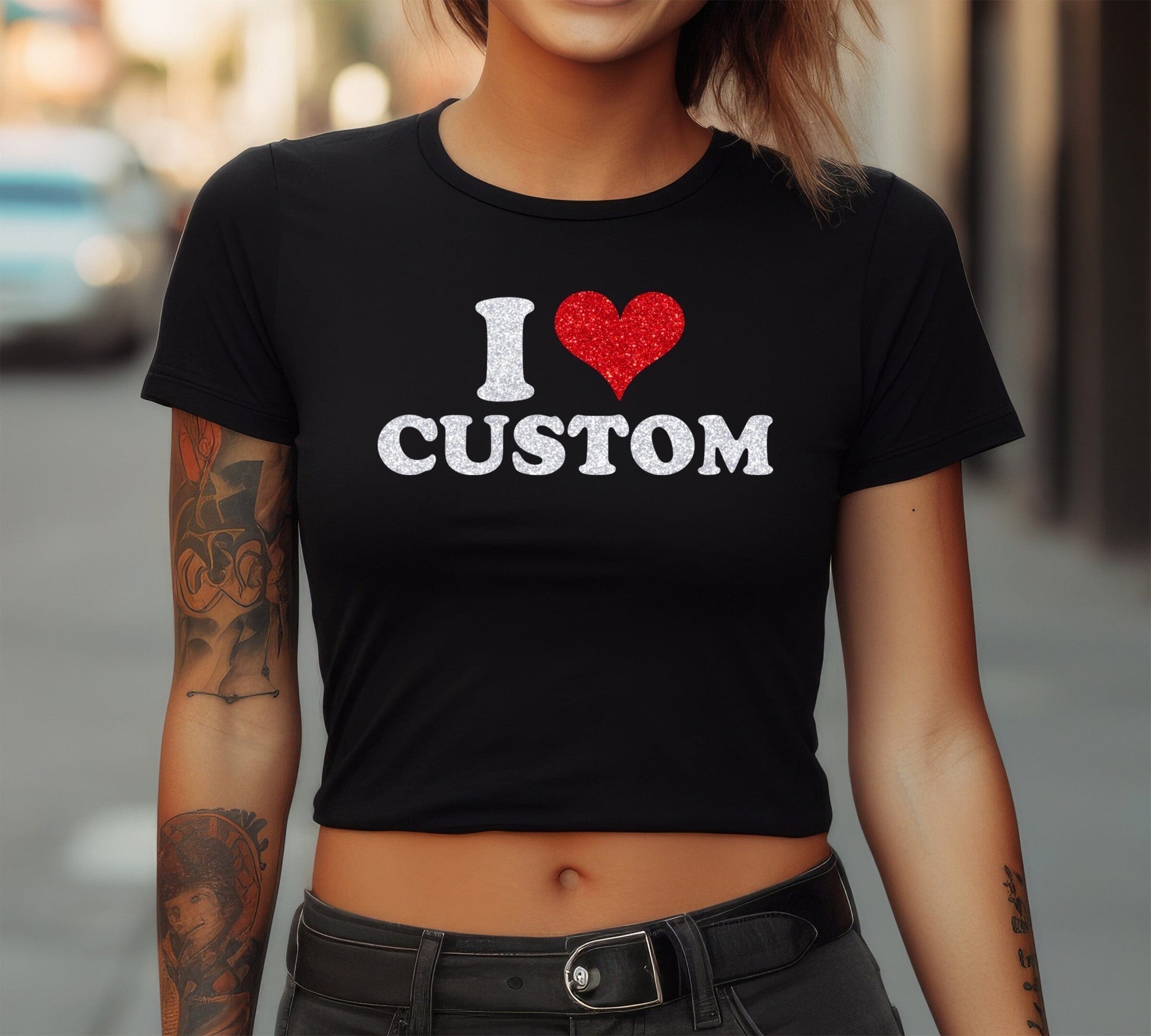 Glitter Bella Canvas Crop Tee 6681 - Custom I Love Shirt, I Love Shirt, I Heart Custom Shirt Signature Cutouts Black XS/Small 