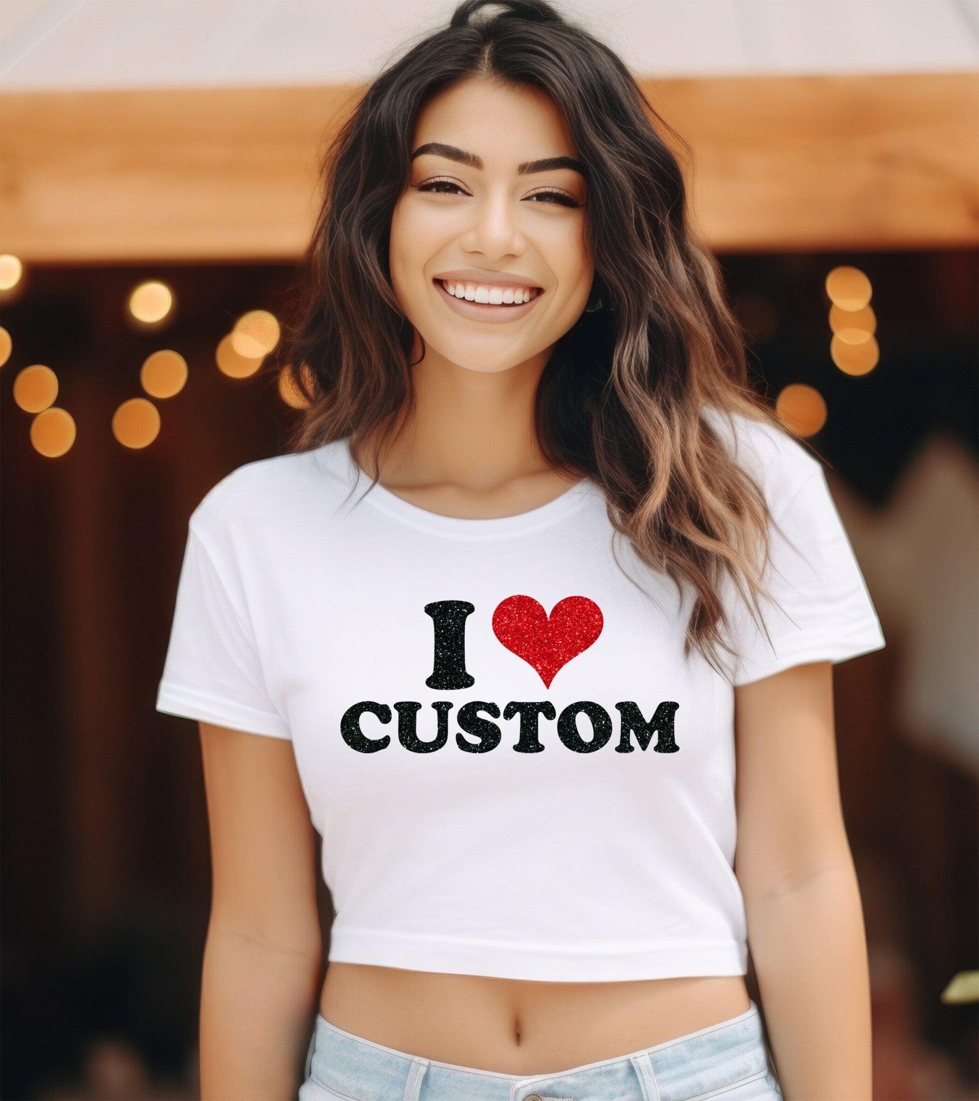 Glitter Bella Canvas Crop Tee 6681 - Custom I Love Shirt, I Love Shirt, I Heart Custom Shirt Signature Cutouts White XS/Small 