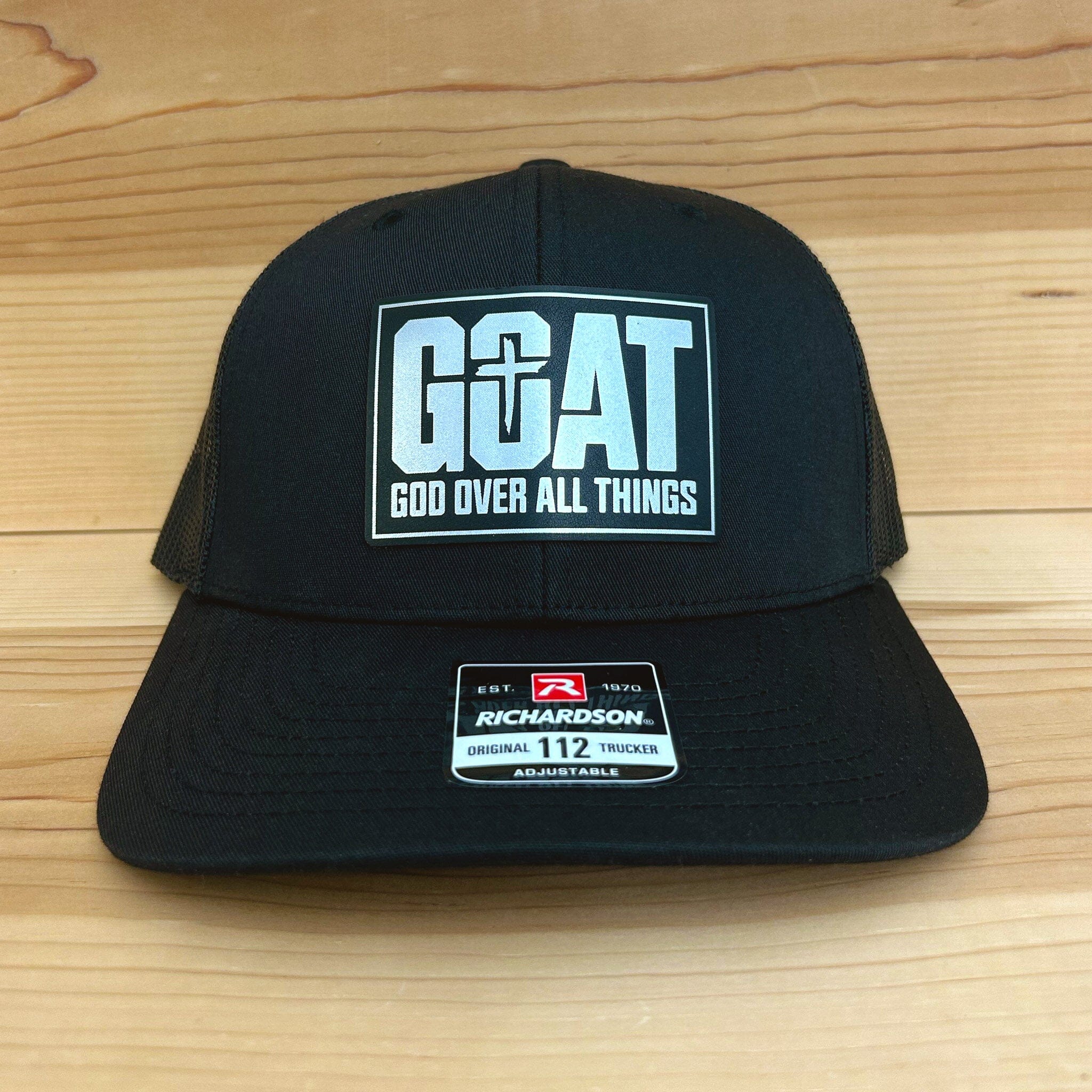 GOAT “God Over All Things” Hat Headwear Signature Custom Works Black Hat with Black/Silver Patch 