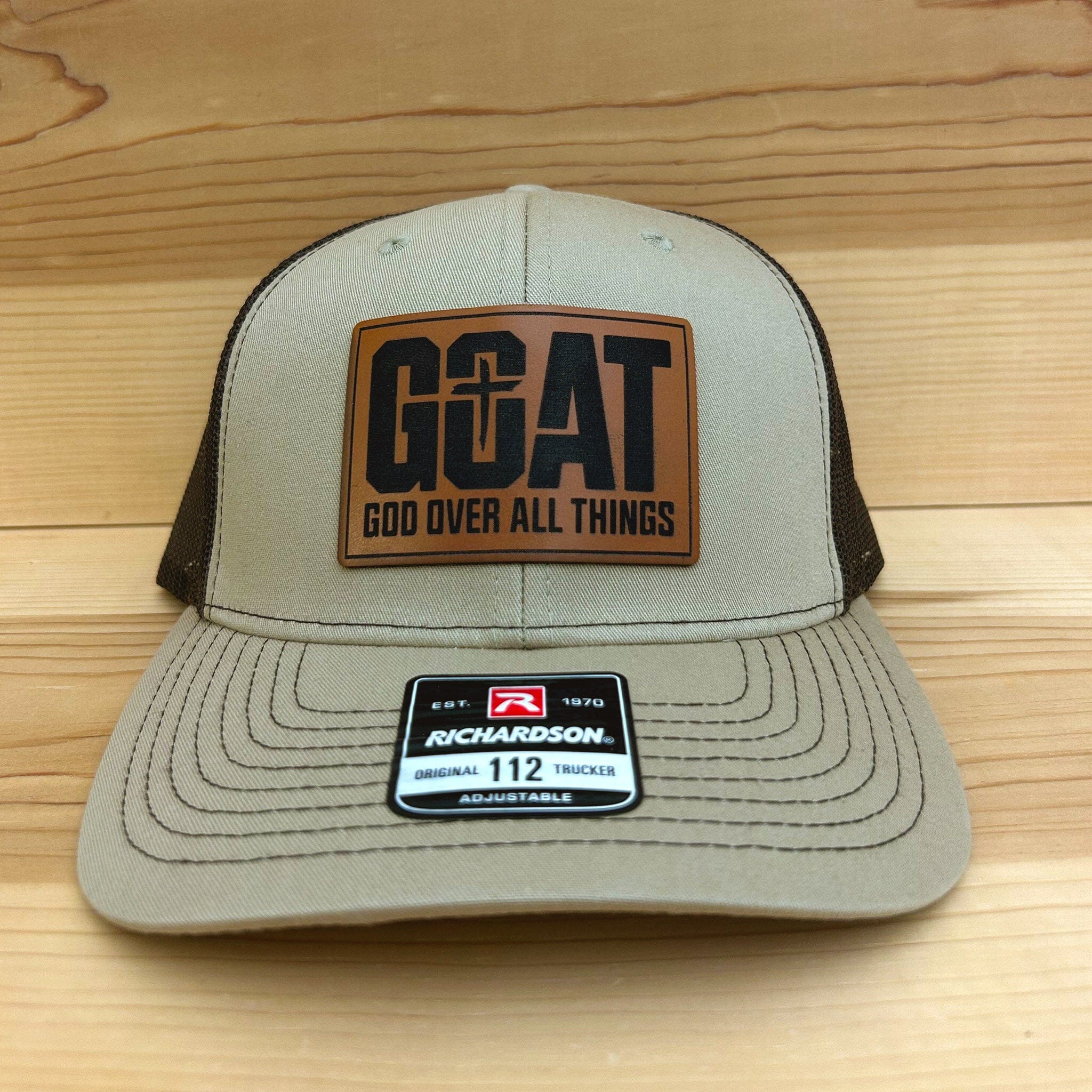 GOAT “God Over All Things” Hat Headwear Signature Custom Works Khaki/Coffee Hat with Rawhide Patch 