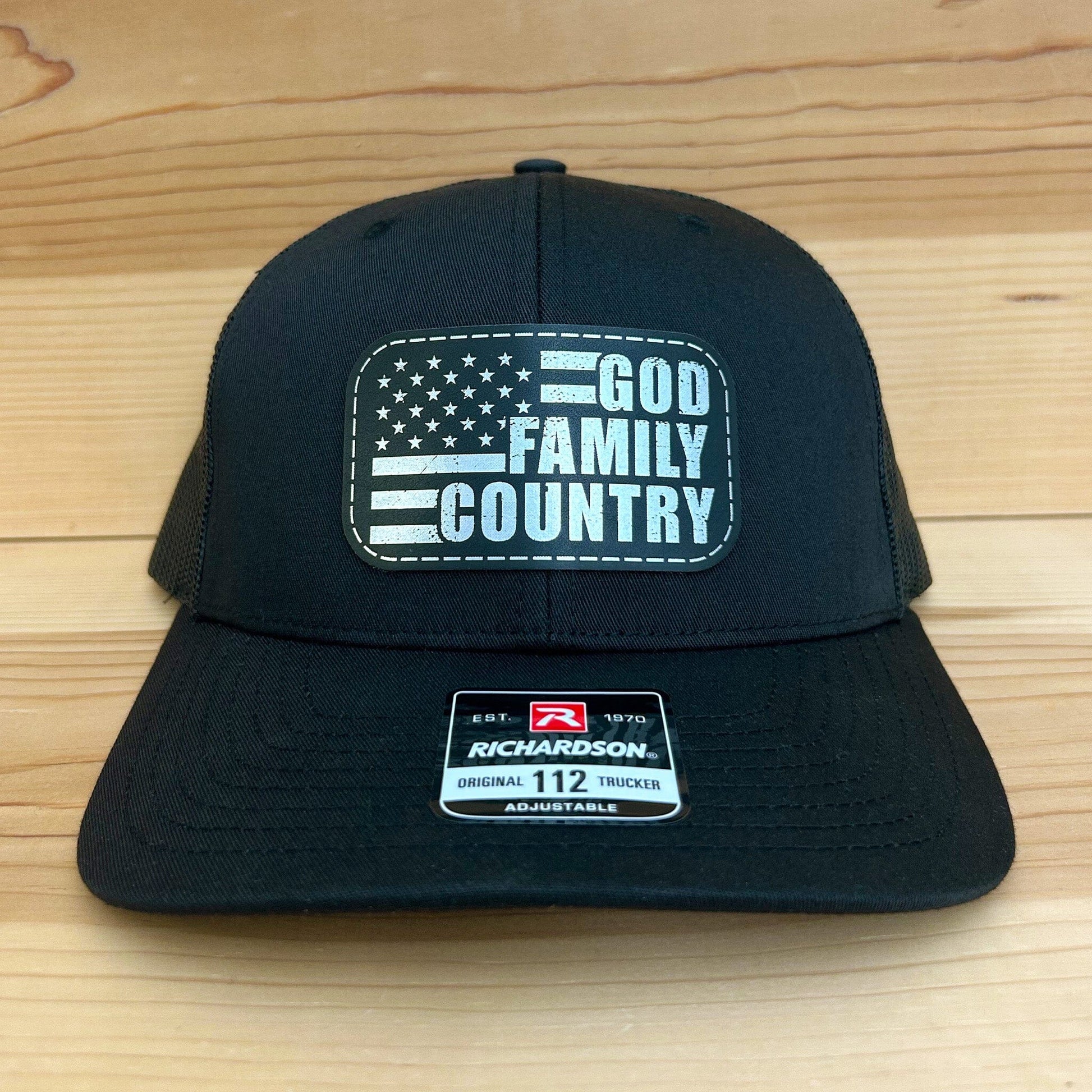 God Family Country Hat Headwear Signature Custom Works Black/Black Hat with Black/Silver Patch 