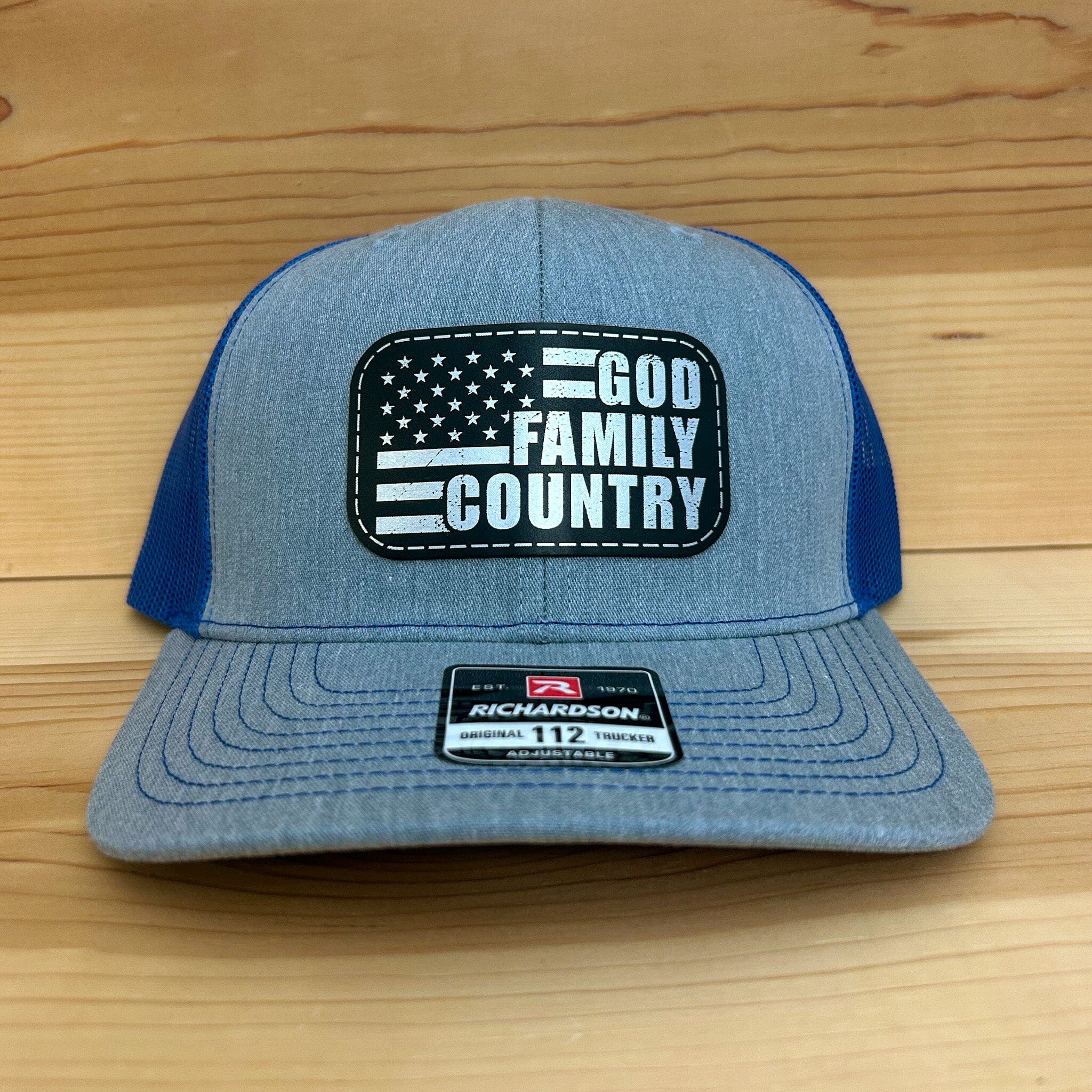 God Family Country Hat Headwear Signature Custom Works Heather/Royal Blue Hat with Black/Silver Patch 