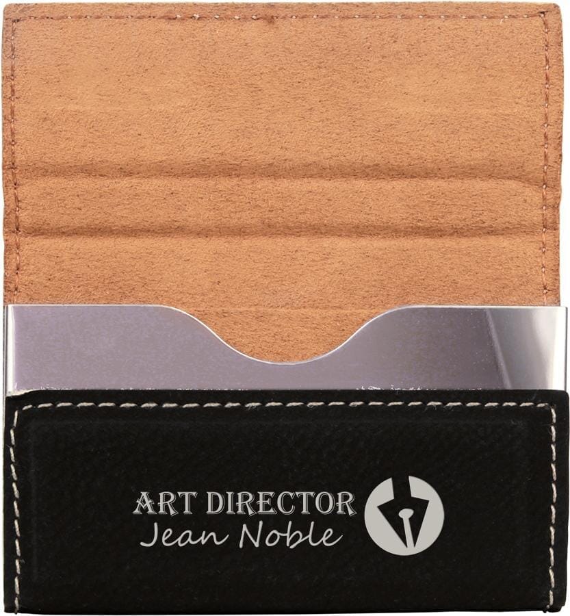 Hard Business Card Holder, Laserable Leatherette, Laser Engraved Signature Cutouts Black/Silver 