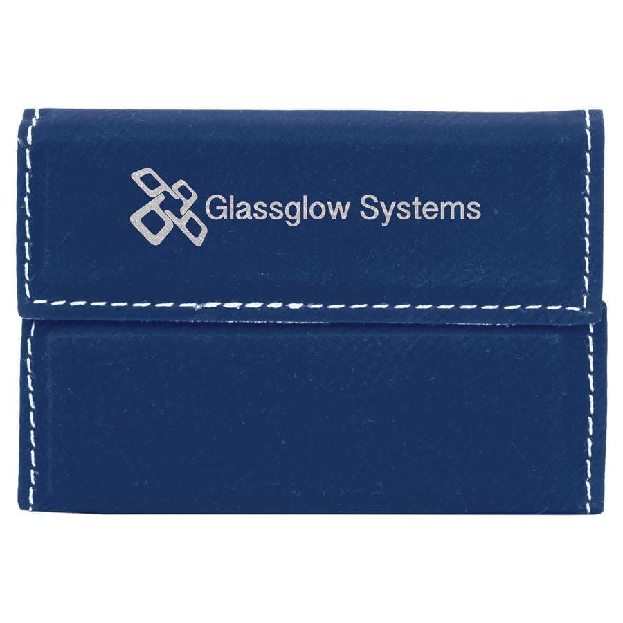 Hard Business Card Holder, Laserable Leatherette, Laser Engraved Signature Cutouts Blue/Silver 