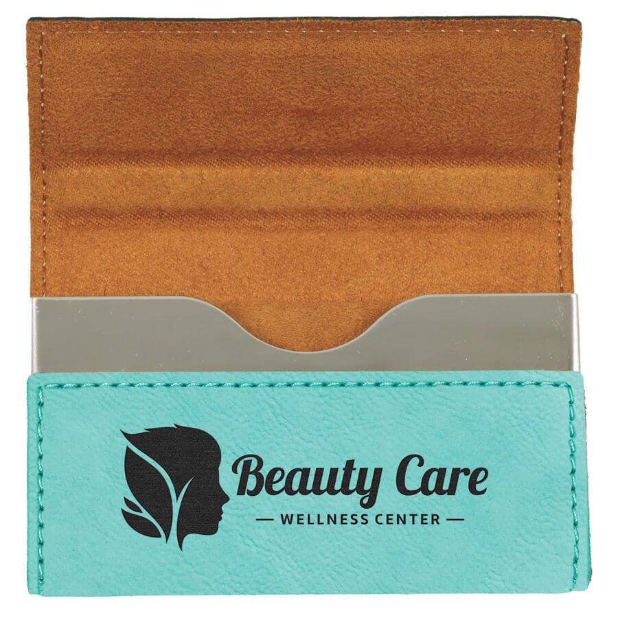 Hard Business Card Holder, Laserable Leatherette, Laser Engraved Signature Cutouts Teal/Black 
