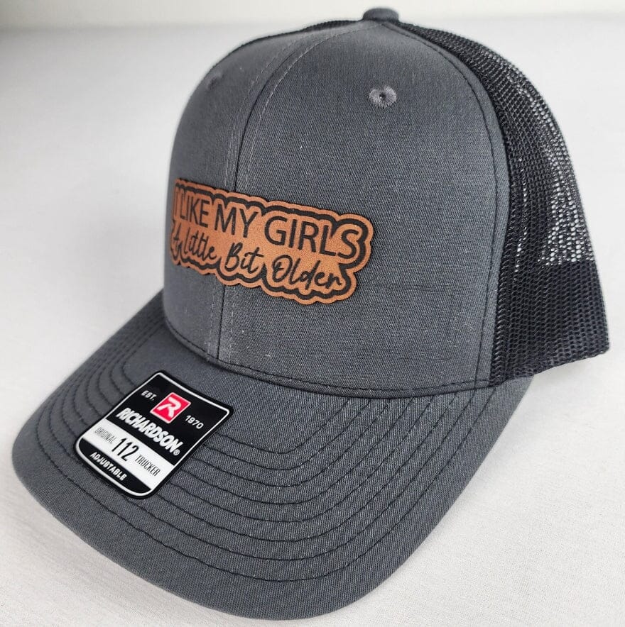 "I Like My Girls a Little Bit Older" – Engraved Leather Patch Hat Signature Custom Works 