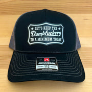 Keep the Dumbfuc*kery to a Minimum Leather Patch Hat Headwear Signature Custom Works Black/Charcoal Hat with Black/Silver Patch 