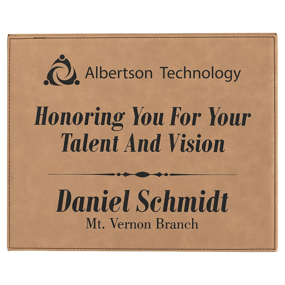 Plaque, Laserable Leatherette, 10 1/2" x 13", Laser Engraved Signature Cutouts Light Brown/Black 
