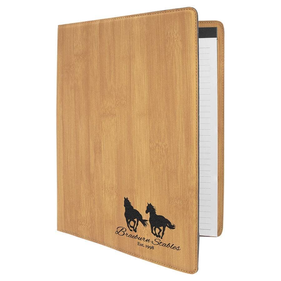 Portfolio/Padfolio w/Notepad, 9-1/2" x 12" Laserable Leatherette Signature Cutouts Bamboo/Black 