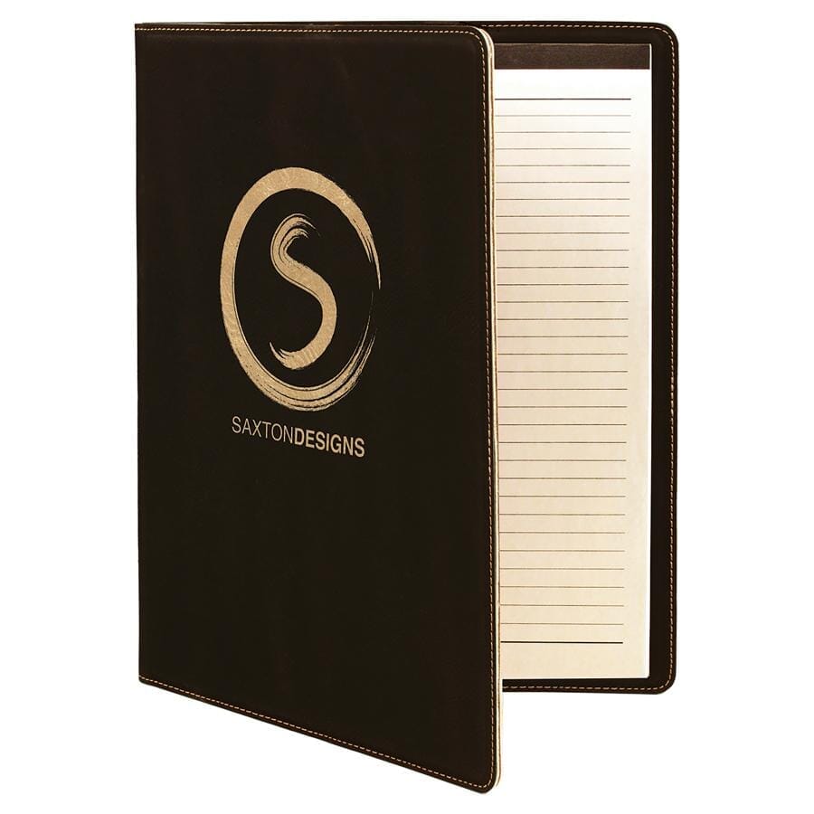 Portfolio/Padfolio w/Notepad, 9-1/2" x 12" Laserable Leatherette Signature Cutouts Black/Gold 