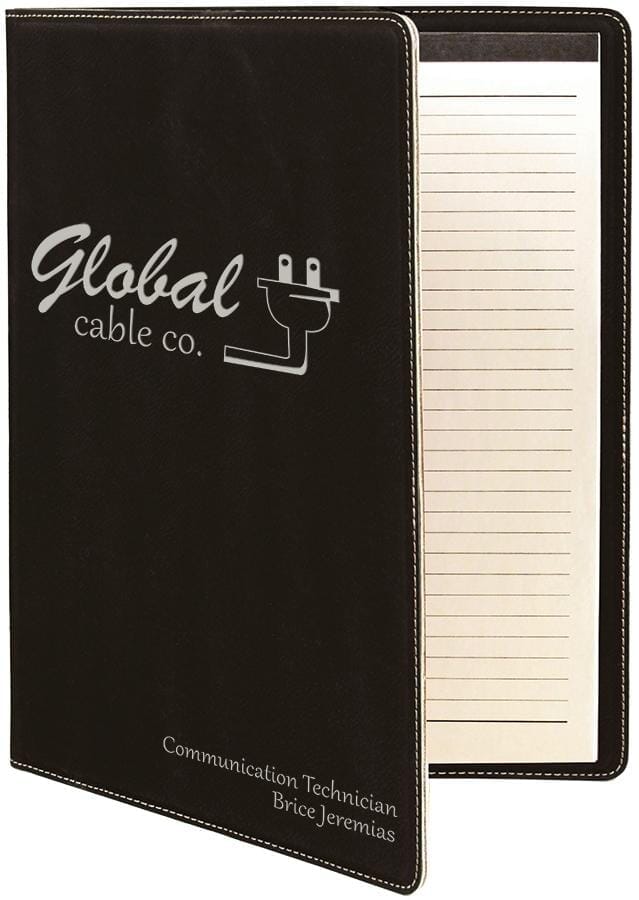 Portfolio/Padfolio w/Notepad, 9-1/2" x 12" Laserable Leatherette Signature Cutouts Black/Silver 