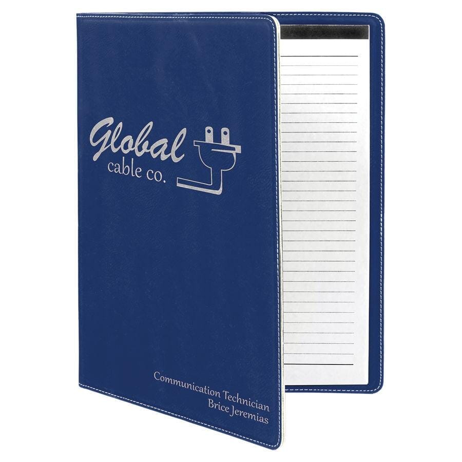 Portfolio/Padfolio w/Notepad, 9-1/2" x 12" Laserable Leatherette Signature Cutouts Blue/Silver 