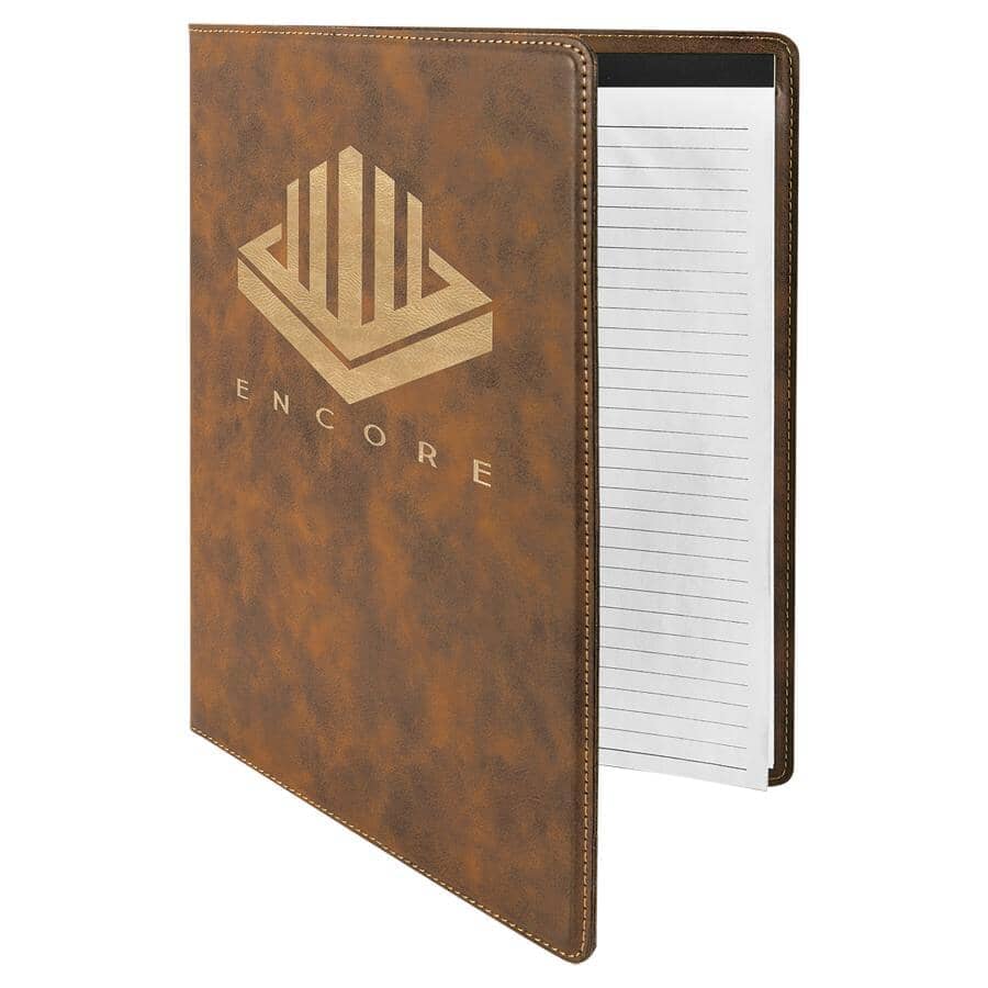 Portfolio/Padfolio w/Notepad, 9-1/2" x 12" Laserable Leatherette Signature Cutouts Rustic/Gold 