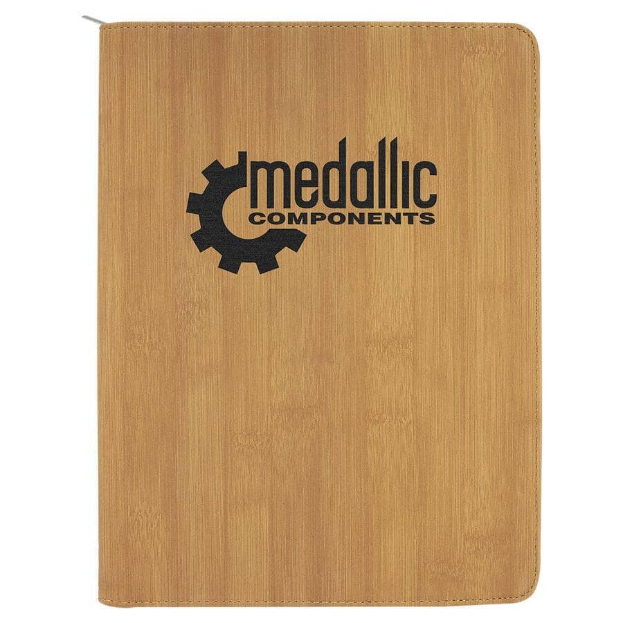 Portfolio/Padfolio w/Zipper & Notepad, 9-1/2" x 12" Laserable Leatherette Signature Cutouts Bamboo/Black 