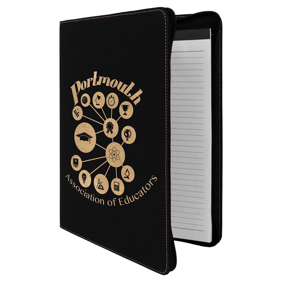 Portfolio/Padfolio w/Zipper & Notepad, 9-1/2" x 12" Laserable Leatherette Signature Cutouts Black/Gold 
