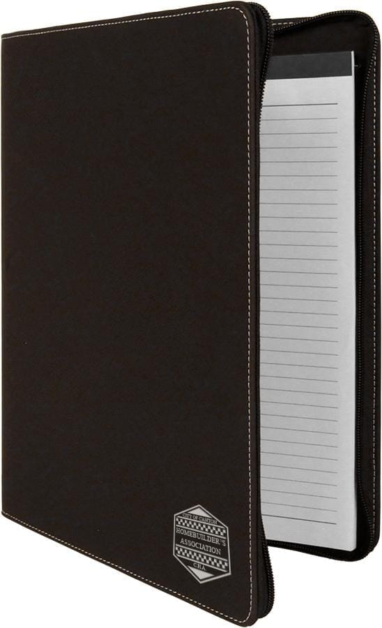 Portfolio/Padfolio w/Zipper & Notepad, 9-1/2" x 12" Laserable Leatherette Signature Cutouts Black/Silver 
