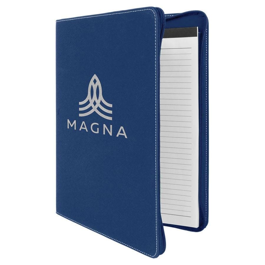 Portfolio/Padfolio w/Zipper & Notepad, 9-1/2" x 12" Laserable Leatherette Signature Cutouts Blue/Silver 