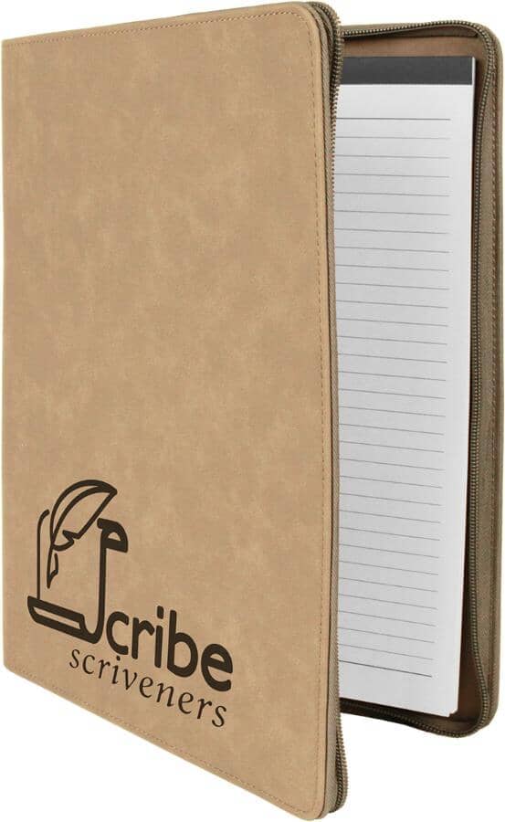 Portfolio/Padfolio w/Zipper & Notepad, 9-1/2" x 12" Laserable Leatherette Signature Cutouts Light Brown/Black 