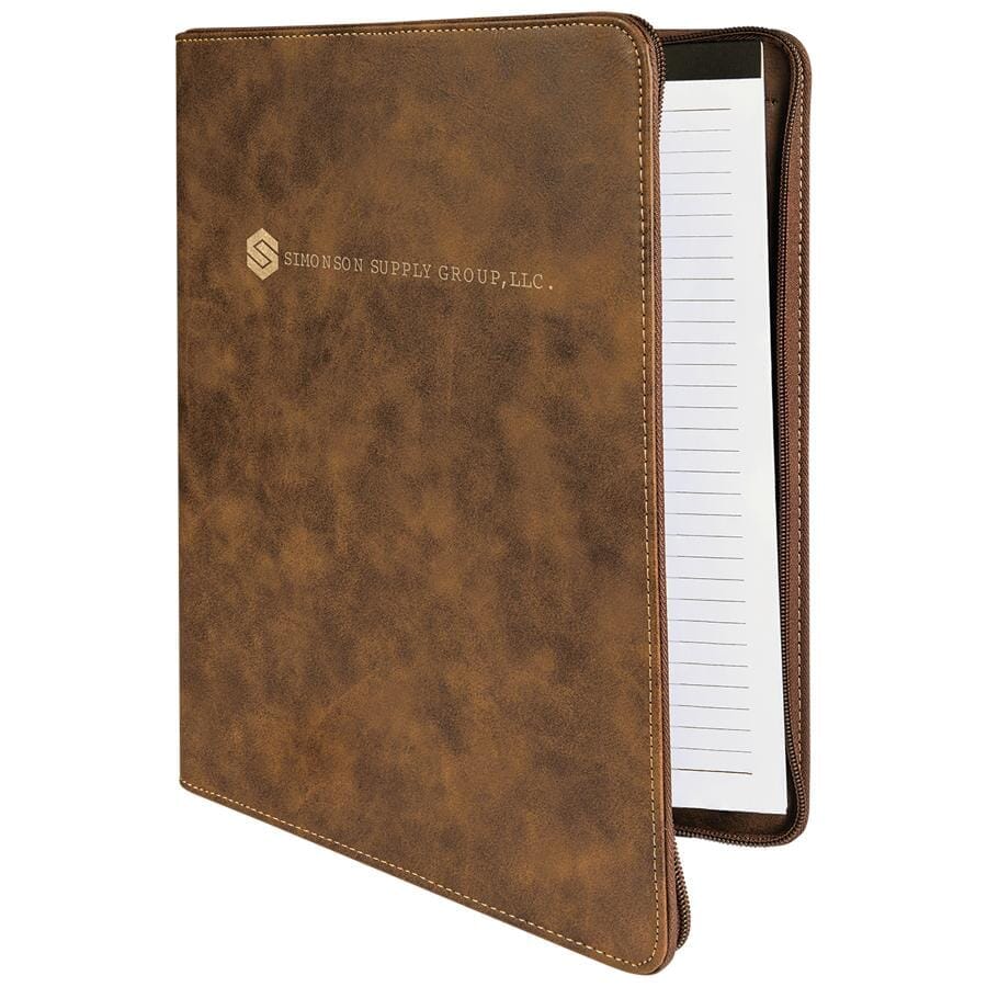 Portfolio/Padfolio w/Zipper & Notepad, 9-1/2" x 12" Laserable Leatherette Signature Cutouts Rustic/Gold 