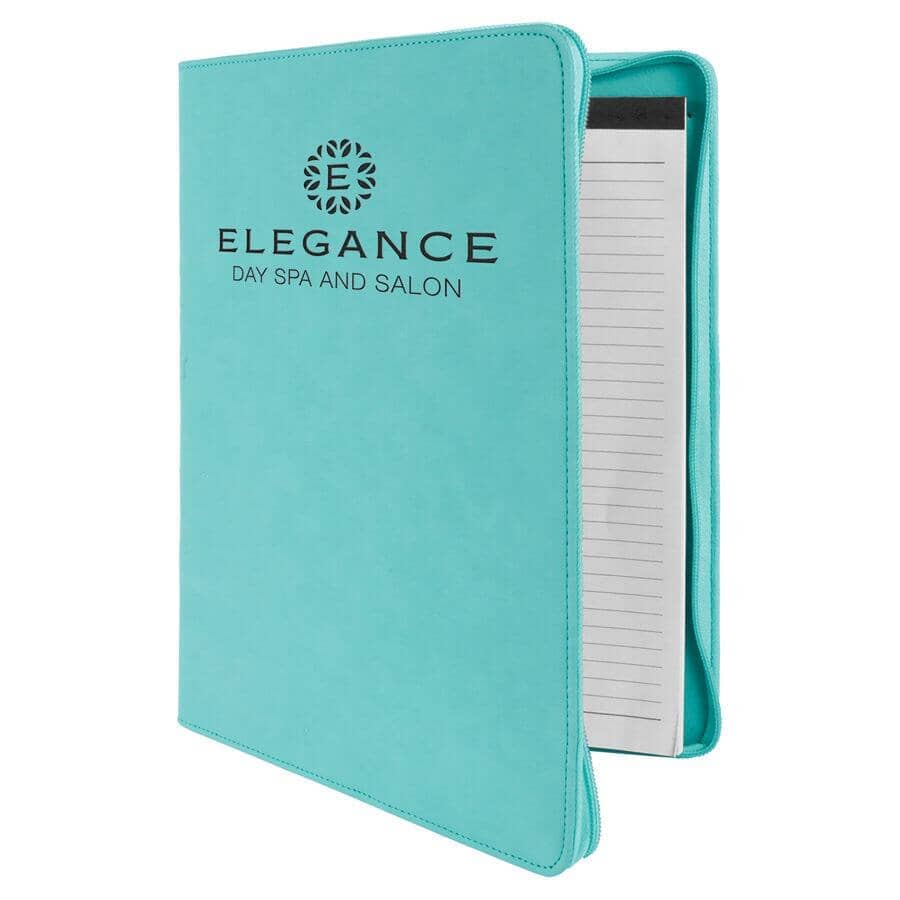 Portfolio/Padfolio w/Zipper & Notepad, 9-1/2" x 12" Laserable Leatherette Signature Cutouts Teal/Black 