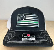 Richardson 112 Acrylic Patch US Flag with Thin Line Supporter Signature Custom Works Black/White Hat with Stainless Thin Green Line 