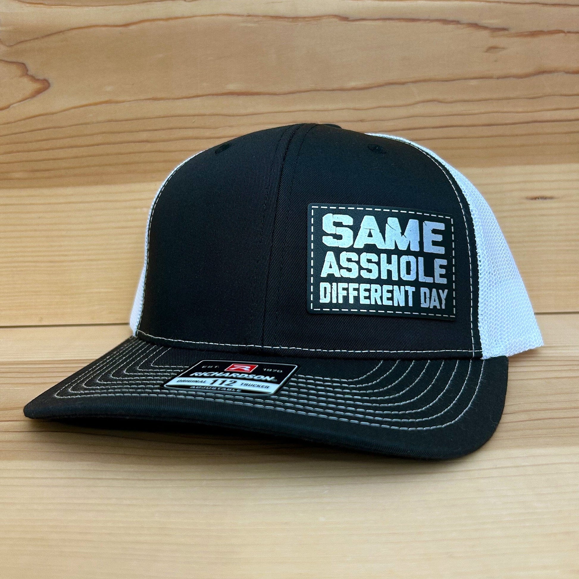 Same Asshole Different Day Hat Headwear Signature Custom Works Black/White Hat with Black/Silver Patch 