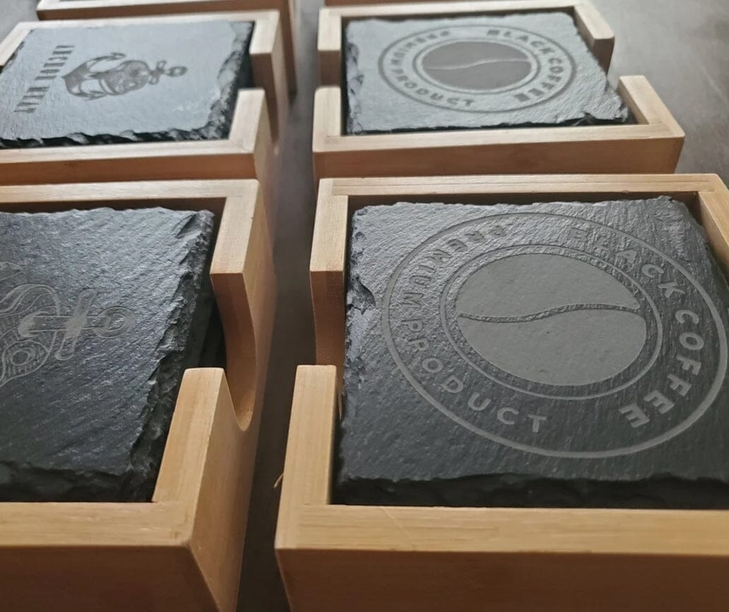 Set of 4 Custom Logo Slate Coasters with Bamboo Coaster Holder, Engraved Slate Coasters With Your Logo, Personalized Signature Custom Works 