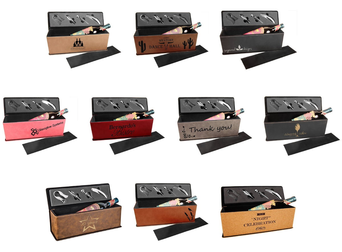 Single Wine Box w/Tools, Laserable Leatherette, Laser Engraved Signature Cutouts 
