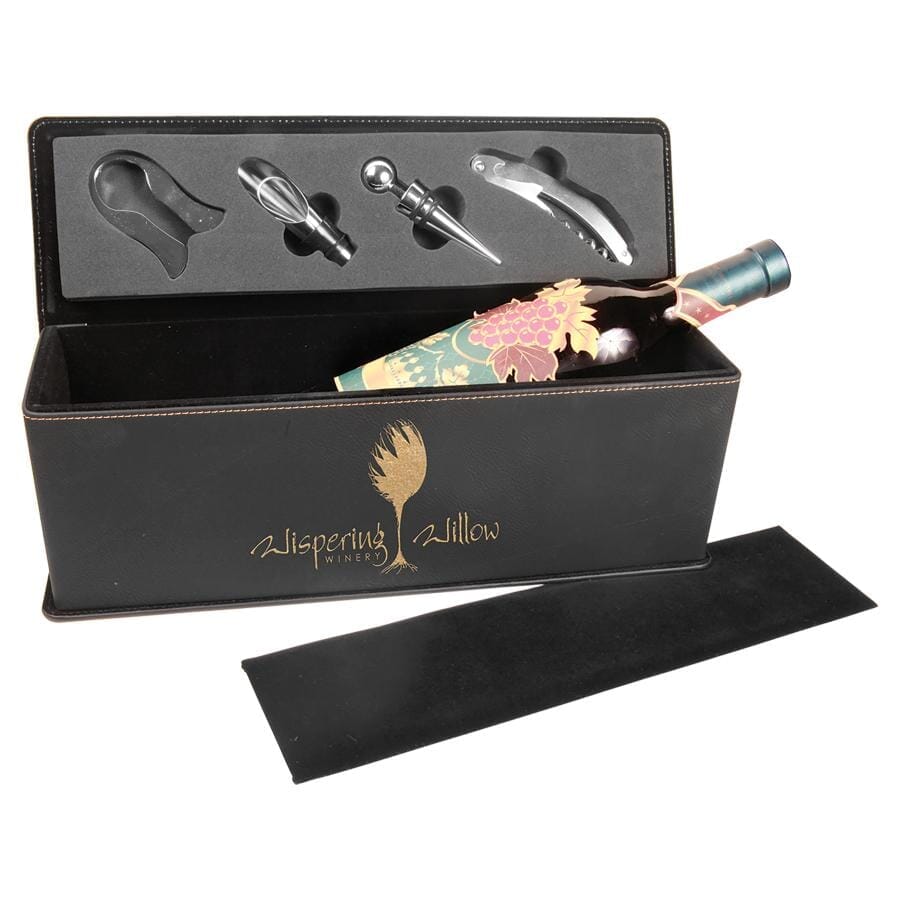 Single Wine Box w/Tools, Laserable Leatherette, Laser Engraved Signature Cutouts Black/Gold 