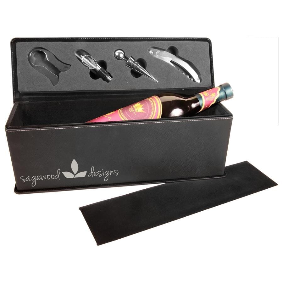 Single Wine Box w/Tools, Laserable Leatherette, Laser Engraved Signature Cutouts Black/Silver 