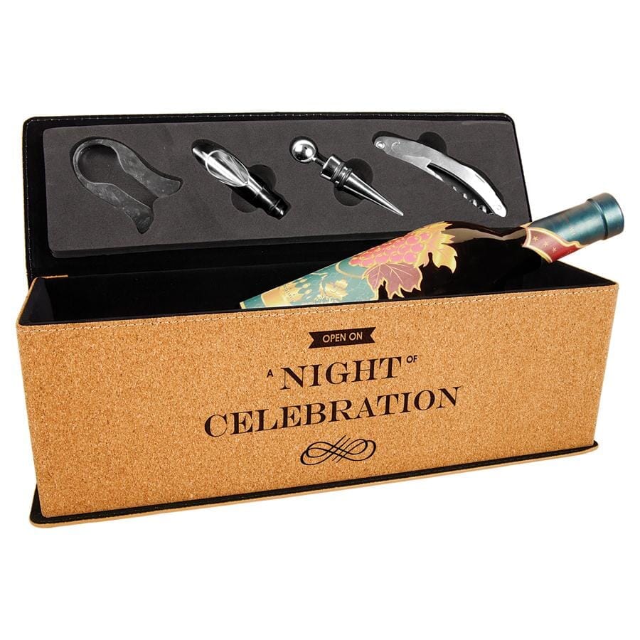 Single Wine Box w/Tools, Laserable Leatherette, Laser Engraved Signature Cutouts Cork 