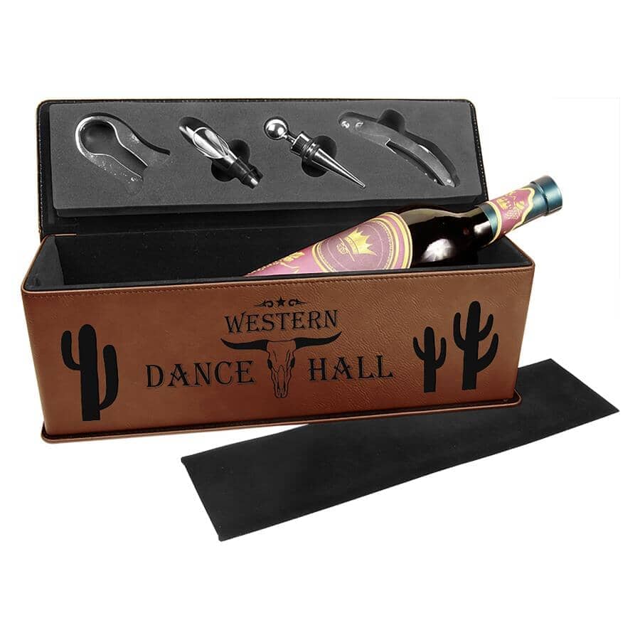 Single Wine Box w/Tools, Laserable Leatherette, Laser Engraved Signature Cutouts Dark Brown/Black 