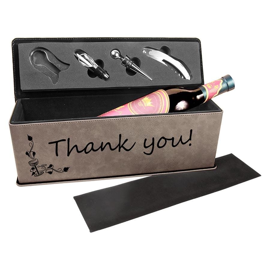Single Wine Box w/Tools, Laserable Leatherette, Laser Engraved Signature Cutouts Gray/Black 