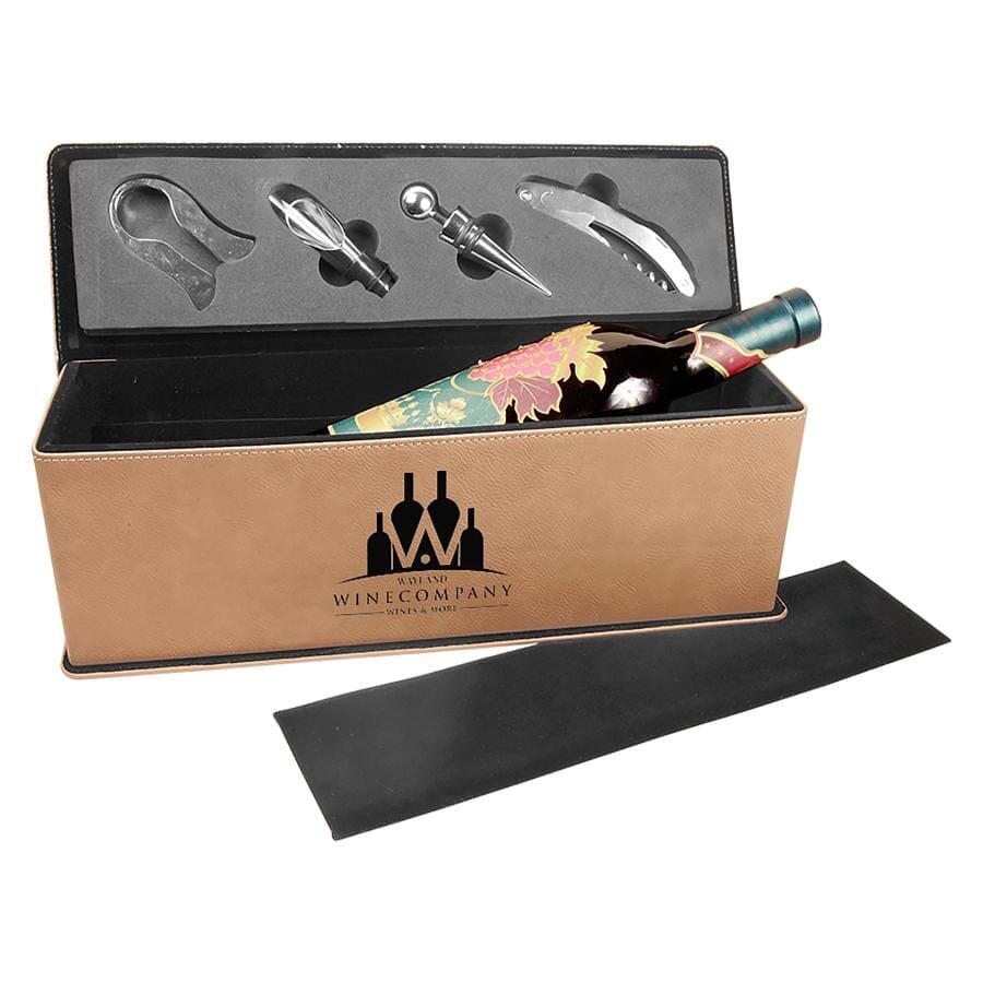 Single Wine Box w/Tools, Laserable Leatherette, Laser Engraved Signature Cutouts Light Brown/Black 