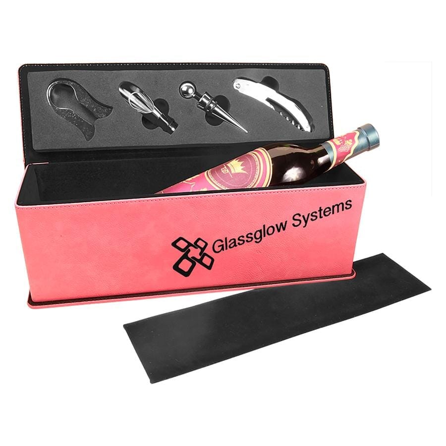 Single Wine Box w/Tools, Laserable Leatherette, Laser Engraved Signature Cutouts Pink/Black 