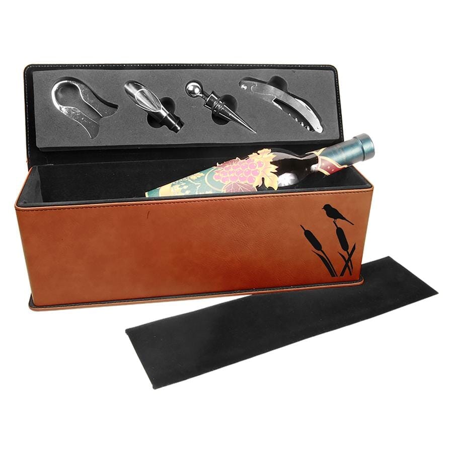 Single Wine Box w/Tools, Laserable Leatherette, Laser Engraved Signature Cutouts Rawhide/Black 