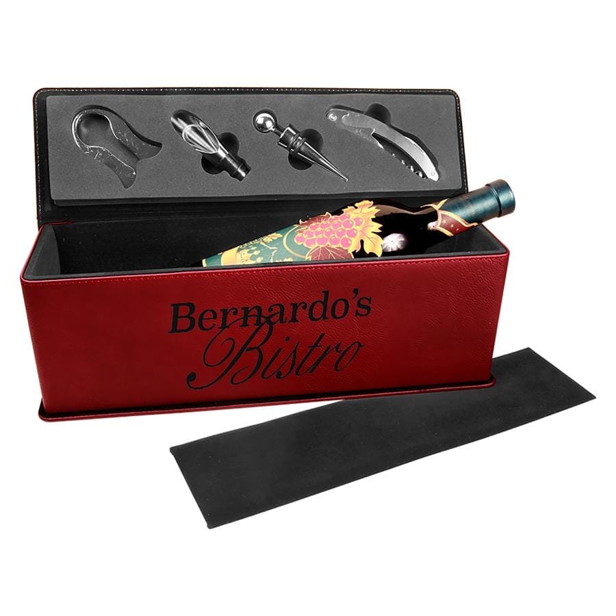 Single Wine Box w/Tools, Laserable Leatherette, Laser Engraved Signature Cutouts Rose/Black 