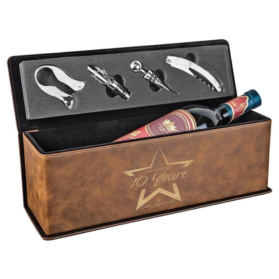 Single Wine Box w/Tools, Laserable Leatherette, Laser Engraved Signature Cutouts Rustic/Gold 