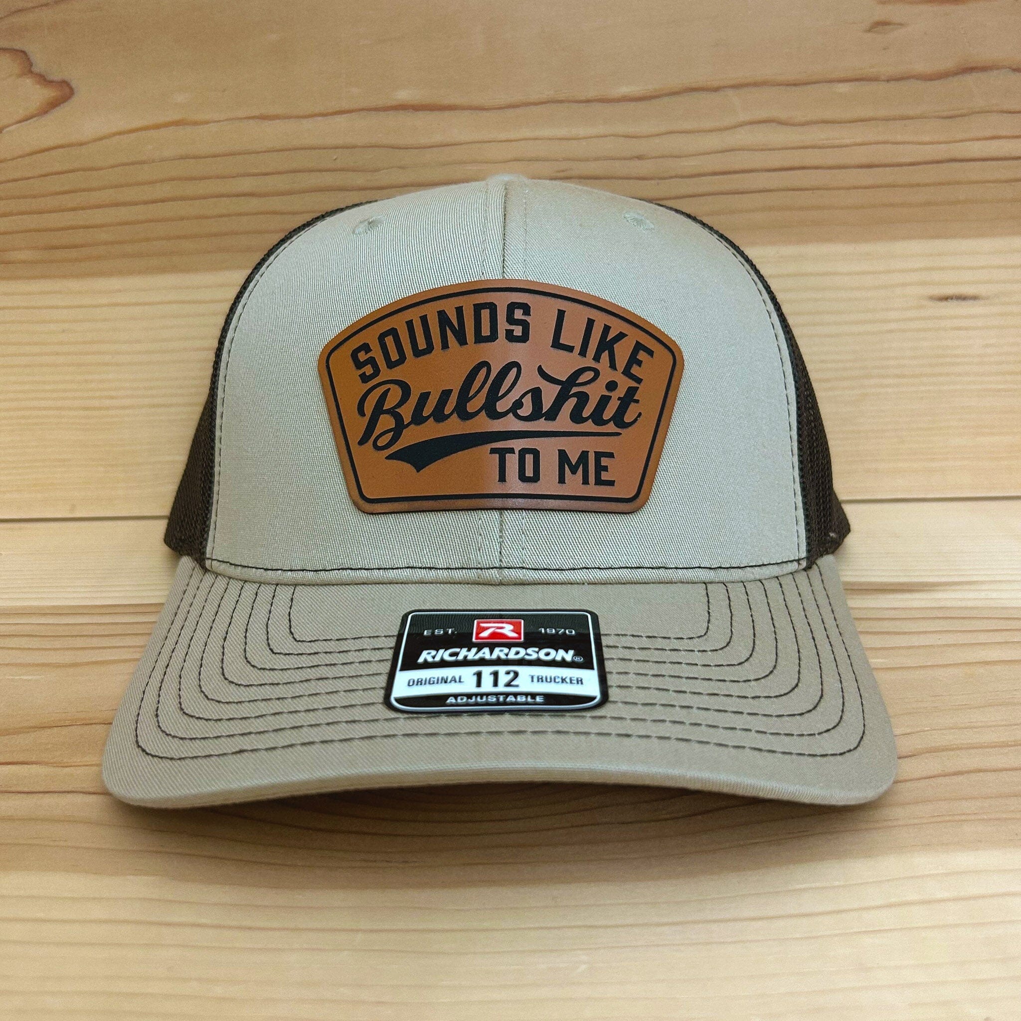 Sounds Like Bullshit Trucker Hat Headwear Signature Custom Works Khaki/Coffee Hat with Rawhide Patch 